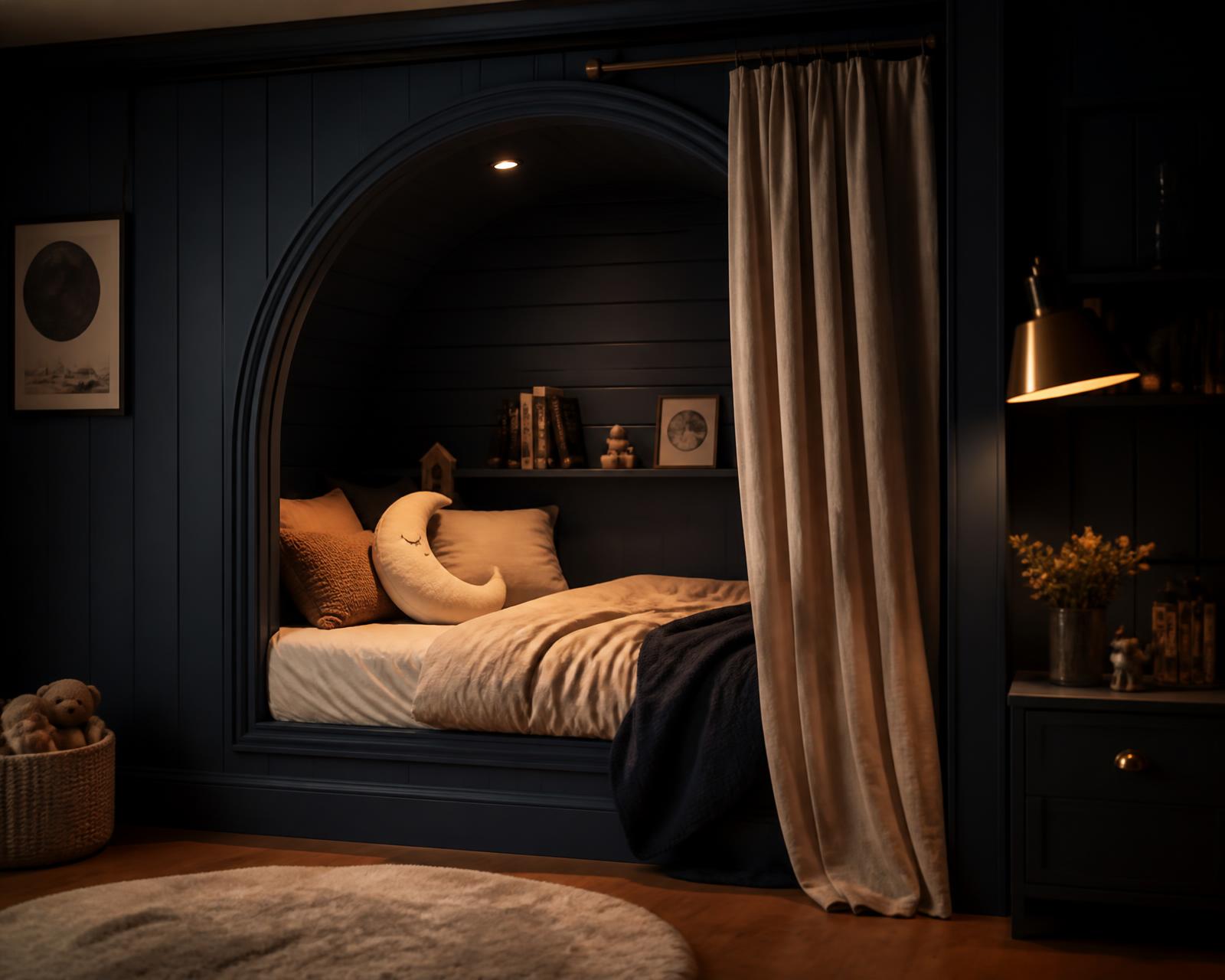 A warm, softly lit evening interior with cushions and a small lamp